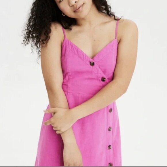 American Eagle Outfitters Dresses & Skirts - NWT American Eagle Pink Asymmetrical Button Front Linen Midi Dress